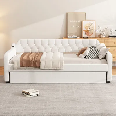 Produktbild von Schlafsofa 90x200 cm Tagesbett (Ohne Matratze) Linen mit ausziehbares Rollbett USB-Anschluss Beige Lattenroste Sofa