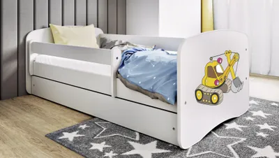 Produktbild von Kinderbett Jugendbett Bagger 70x140, 80x160, 80x180 cm - Komplettset mit Matratze, Schublade & Rausfallschutz