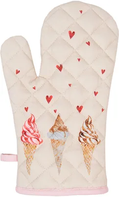 Produktbild von Unyqoos® Clayre & Eef Ofenhandschuh 18×30 cm, Beige mit rosa Eis- und Herzmotiv, Baumwolle