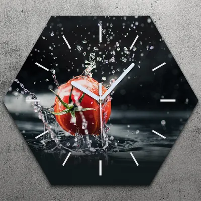 Produktbild von Uhr hexagonal 40 cm Glas Geräuschlos weiße Zeiger - Tomaten spritzer Wasser