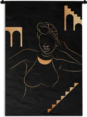 Produktbild von MuchoWow® Wandteppich Wandbehang Frau - Gold - Strichzeichnung 90x135 cm Tapisserie Dekoration Wandtuch - Baumwolle - Wandskulptur