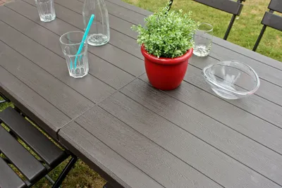 A table setting outdoors with a plant and glasses.
