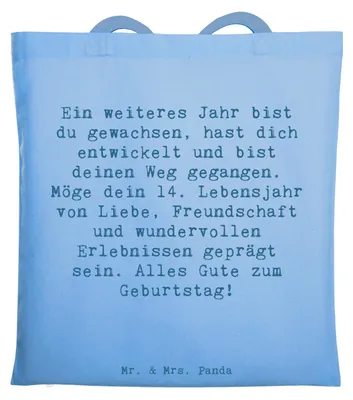 Produktbild von Mr. & Mrs. Panda Tote Bag Spruch 14. Geburtstag - Sky Blue - Geschenk, Geburtstagsfeier, Freundschaft, Laptoptasche, Teenager, Schultasche, Tasche, Happy Birthday