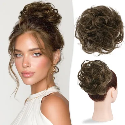 Imagen del producto de Postizo de pelo marrón, de 20 cm de largo, rizado y ondulado, para añadir volumen