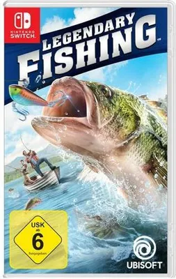 The cover art for the video game 'Legendary Fishing' on Nintendo Switch, featuring a large fish jumping out of the water towards a fishing lure, with two people fishing in a boat in the background.