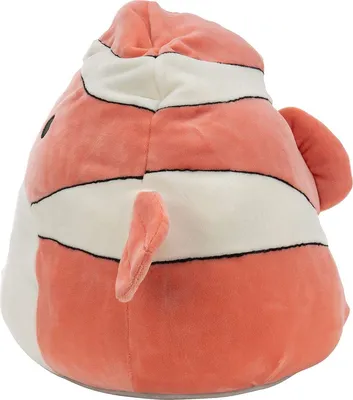 A plush toy clownfish shown from a side-back angle against a white background.