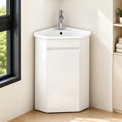 Produktbild von Eck-Waschtisch 66 cm mit Unterschrank & Keramikbecken, hängend oder stehend, platzsparender Eckschrank für Gäste-WC und kleine Badezimmer, Weiß, KI-generiertes Bild
