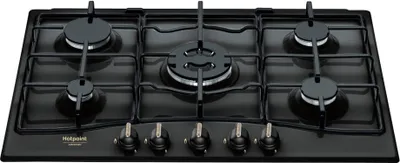 A black gas hob with five burners and control knobs at the front.