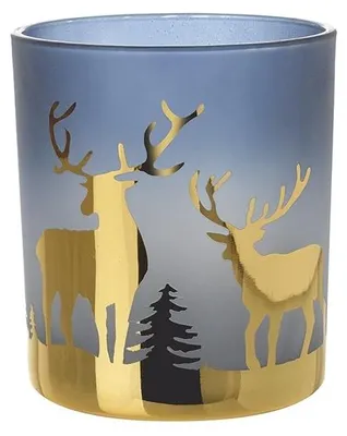 Teelicht-Kerzenhalter Glas, Rentier-Motiv, Blau/Gold, 10 cm