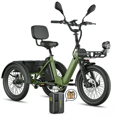 Produktbild von 2026 25AH Dreirad E-Bike Klappräder 20 Zoll, Elektro Dreirad 25km/h, E Bike Lasten Drehmomentsensor, Belastung 180KG,MIT Mini-Elektroluftpumpe Grün