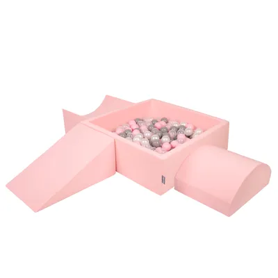Obrázek produktu pro KiddyMoon pěnové hřiště pro děti s kulatým míčkem (300 ∅ 7cm), měkká překážková dráha a Kvadrát bazén s míčky, certifikováno  EU, Růžová:Pearl/Grey/Transparentní/Pudrově růžová, Version 4