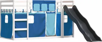Zdjęcie produktu dla vidaXL Łóżko piętrowe ze zjeżdżalnią i zasłonami niebieskie 90x200 cm
