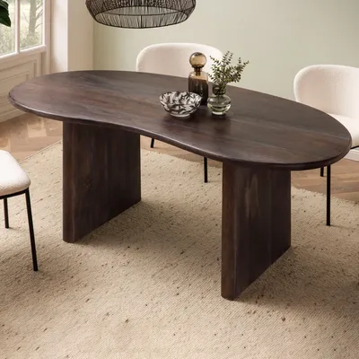 Produktbild von WOHNLING Esszimmertisch 180x90x75 cm Akazie Massivholz Dunkelbraun Esstisch Retro Küchentisch Massiv Nierenform Holztisch Esszimmer Großer Speisetisch