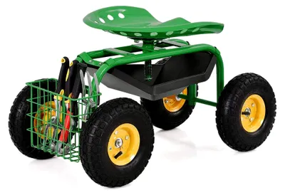 Produktbild von Drehbarer Rollstuhl mit Rollen, höhenverstellbar | Gartensitz mit Ablage und Korb, bis 150 kg | breite Gummireifen, Gartenrollsitz für Gartenarbeit, Arbeitssitz Gartenwagen Metall (Grün)