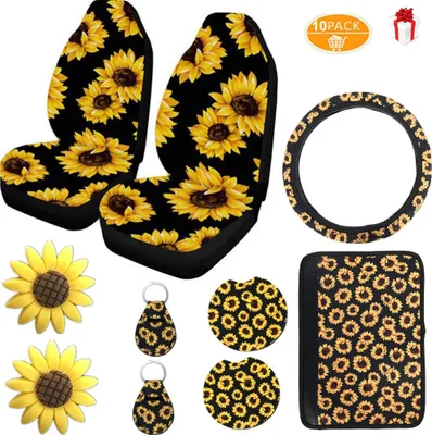Productafbeelding van 10 stuks zonnebloemaccessoires voor auto of fiets: stoelhoezen voor de voorstoelen, rugleuninghoezen, bekerhouders, sleutelhangers
