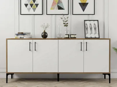 Produktbild von Kommode Dpedrol, Wohnzimmerbuffet, Wohnzimmer-Sideboard, Moderne Küchen-Speisekammer, 180x35h78 cm, Walnuss und Weiß