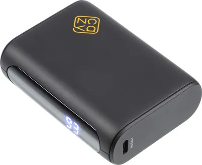 A black power bank with a gold logo and a digital display showing '93'.