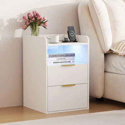 Produktbild von REMZETTA Nachttisch 40 x 40 x 60 cm, Weiß, mit LED, 2 Schubladen, offenem Fach, 2 Steckdosen, USB-A und USB-C, Nachtschrank mit Ladestation für Schlafzimmer