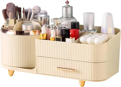 Produktbild von 360° drehbarer Cremeorganizer mit Schubladen, großes Fassungsvermögen für Hautpflegeprodukte, Lidschatten, Pinsel und Lippenstifte.
