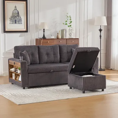 Produktbild von MODFU Mehrfunktionales Klappsofa Chaiselongue mit USB-C-Anschlusses und   LED-Ambientebeleuchtung,Polstermöbel Sofa mit Getränkehaltern und Armlehnen,Dunkelgrau