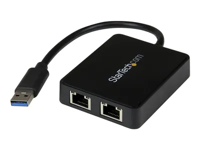 Immagine prodotto di StarTech.com Adattatore LAN USB 3.0 SuperSpeed a doppia porta Gigabit Ethernet - Scheda di rete NIC 10/100/1000 con porta USB - Nero - Scheda di rete - USB 3.0 - 1GbE - 1000Base-T - 2 porte - Nero