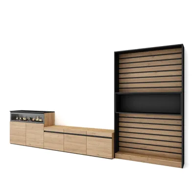 Produktbild von Wohnwand Wohnzimmer, 360x35x186cm, Für TV-Geräte bis zu 65", Elektrokamin, Eiche und Schwarz