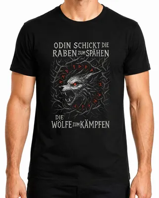Imagen del producto de Camiseta negra, talla S, con el diseño "Odin, cuervos, lobos, batalla, Fenrir, vikingos, nórdico, runas, señores"