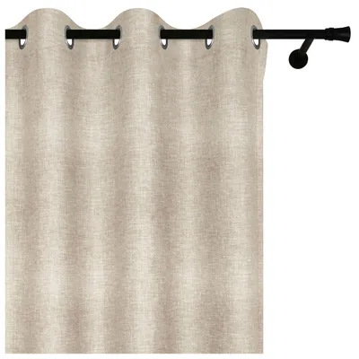 A close-up view of a beige curtain hanging from a curtain rod.