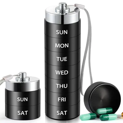 Produktbild von Aluminium Pillenbox 7 Tage, wasserdichte Tablettenbox für Vitamin, Fischöl und Medikamente, große Reise Pillendose mit Schlüsselband