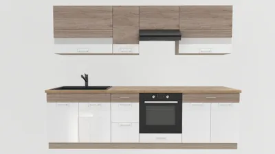 Produktbild von Küchenzeile 270 cm - ECONO A PLUS - Sonoma Eiche - Weiß Hochglanz - Arbeitsplatte Lancelot Eiche - Einbauküche mit Soft-Close - Metallbox Schubladen