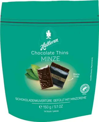 Zdjęcie produktu dla Halloren Chocolate Thins Mint z kremem miętowym Opakowanie 150 g