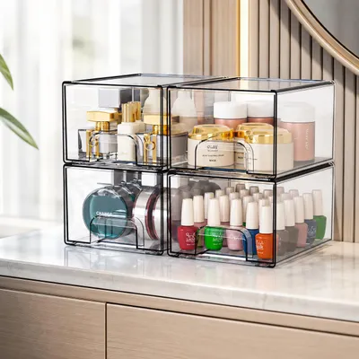 Produktbild von Schubladen Organizer 4er Set aus Acryl, stapelbar, transparent, mit 32 rutschfesten Matten, Aufbewahrungsbox für Bad, Büro, Küche und Kommode, KI-generiertes Bild