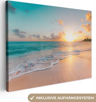 Produktbild von MuchoWow® - Leinwandbilder - Sonnenuntergang - Strand - Meer - Sommer - Blau, Wandbild, Wanddeko Bilder Wohnzimmer, 40x30 cm