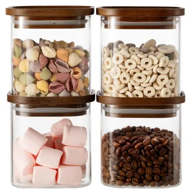 Immagine prodotto di Elzusha - Set di 4 contenitori per alimenti da 650 ml in vetro borosilicato con coperchio in legno di acacia