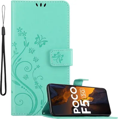 Image de Cadorabo Housse pour Xiaomi Poco F5 Housse en FLORAL TURQUOISE Housse de protection au design floral avec fermeture magnétique, fonction de rangement et porte-cartes Book Case Cover