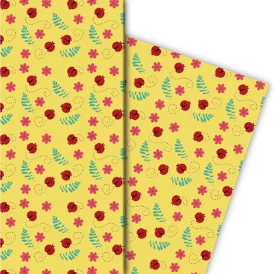 Produktbild von Marienkäfer Geschenkpapier mit Glücks-Käfern und Blumen, gelb - G8286, 32 x 48cm