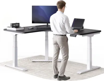 Produktbild von DESKSPACE CORNER Schreibtisch, Elektrisch höhenverstellbar, 160 x 130 x 70 cm, Schwarze Tischplatte, Weißes Gestell