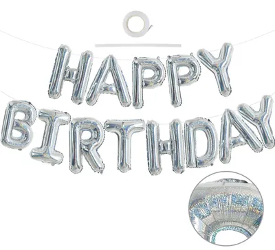 Image de Ballon en aluminium "Joyeux anniversaire", guirlande lumineuse, argentée, 15 pièces, 40,6 cm