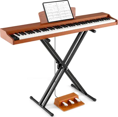 Produktbild von COSTWAY Keyboard Piano 88 Tasten, E Piano mit Ständer, Pedal & Notenständer, 2 in 1 elektronisches Klavier für Anfänger, Kinder, Erwachsene, Braun