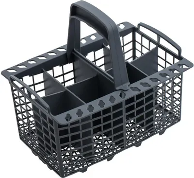 A gray plastic dishwasher cutlery basket with a handle and multiple compartments.