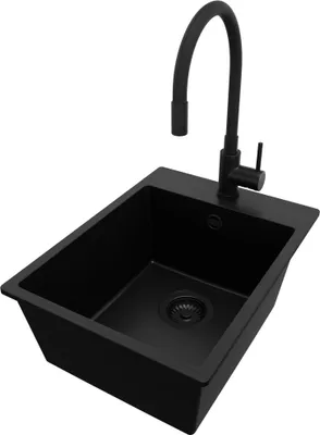 Produktbild von PRIMAGRAN Granitspüle Alles Schwarz 38x50cm, Spülbecken 1 Becken + Küchenarmatur 40x38cm + Ablauf-Set, Küchenspüle ab 40er Unterschrank - Riga