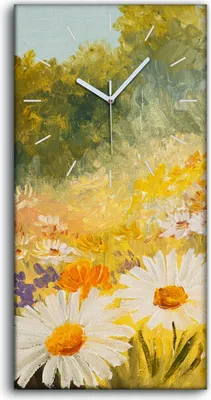 Produktbild von Wandbild Leinwand Bilder mit Uhr 30x60 Bunte Malerei Feld der Gänseblümchen - weiße Hände