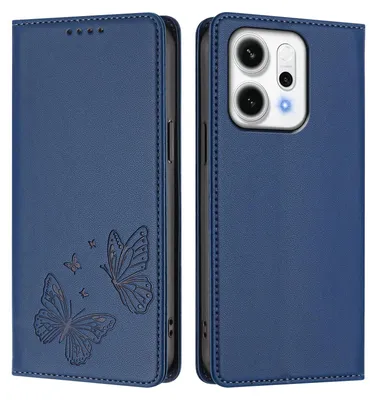 Obrázek produktu pro Kožené pouzdro pro Oppo Reno14 Pro 5G, motýlí ražbou, peněženkové flip pouzdro se stojánkem Tmavě modrá