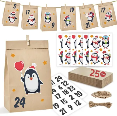 Zdjęcie produktu dla Kalendarz adwentowy pingwiny duże torby papierowe DIY numery naklejki dzieci dorośli Boże Narodzenie