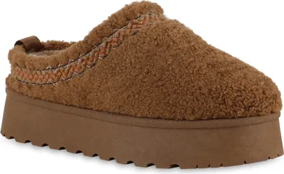 Produktbild von VAN HILL Damen Warm Gefütterte Pantoffeln Bequeme Kunstfell Teddy Schuhe 840872, Farbe: Hellbraun, Größe: 39