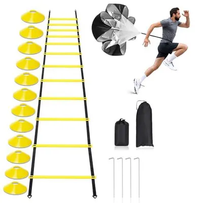 Produktbild von Trainingshilfe Koordinationsleiter 6 m - Fußball Trainingszubehör mit 12x Hütchen, vielseitigs Trainingszubehör