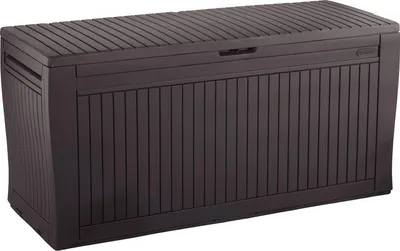 A dark gray storage box is shown from a front-side angle against a white background.