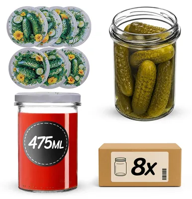 Obrázek produktu pro KADAX Sklenice na zavařování, objem 475 ml, průměr 82 mm, se šroubovacím víkem, vhodné na zavařování marmelád, kompotů a uchovávání medu (sada 8 kusů)