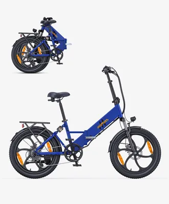 A blue folding electric bicycle is shown in two views: one folded and one unfolded, against a white background.