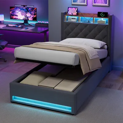 Produktbild von STILVORA Polsterbett 90×200 mit bettkasten,Stauraumbett Boxspringbett mit USB-Anschluss und LED-Licht,Funktionsbett ohne matratze,mit Stauraum,grau